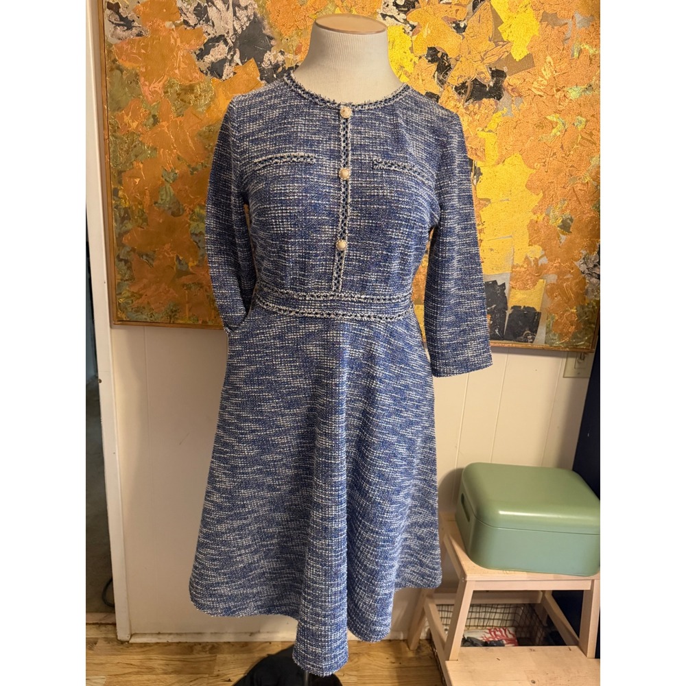 VFShow Blue Tweed Fit and Flare Tailored Dress W/Pockets Gorgeous Buttons L